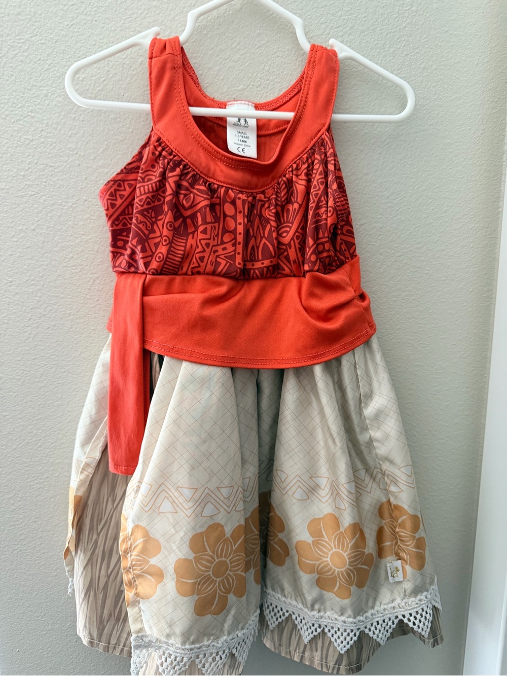 Moana Girls' Coral Red Printed Tank Top Dress with Cream Floral Skirt